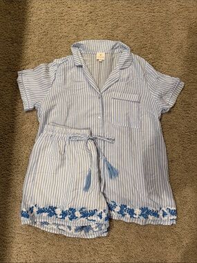 J. Marie Blue Stripe Short Pajama Set with Embroidered Hem